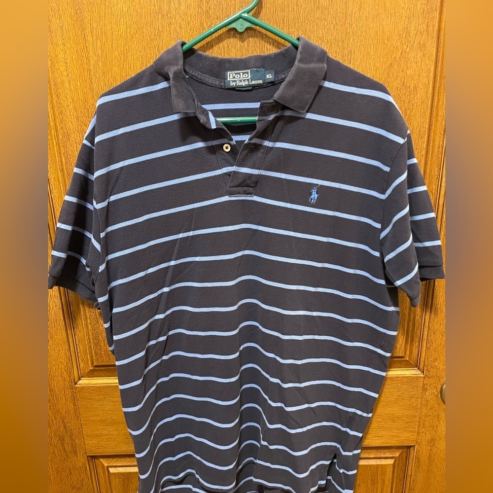 Ralph Lauren Men's Polo Shirt in Navy and Light Blue Stripes